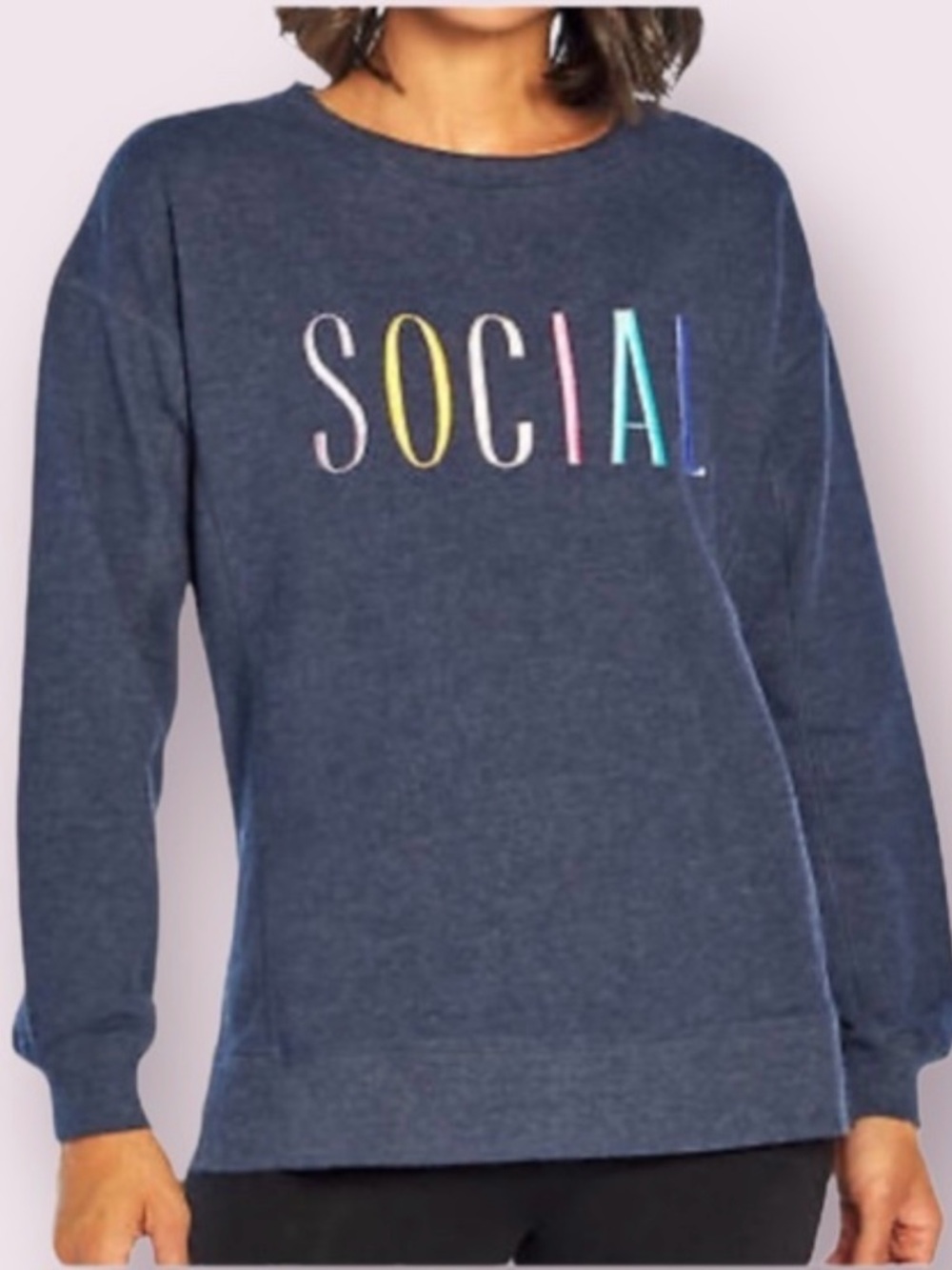 Wildfox Navy Crewneck Sweatshirt with Multicolor 'SOCIAL' Embroidery